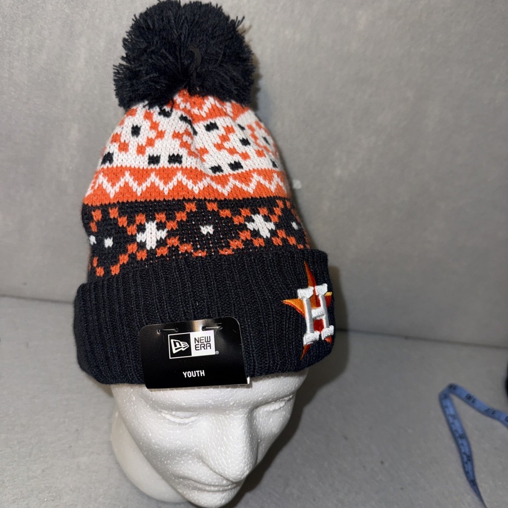 New Era Youth Houston Astros Fair Isle Knit‎ Pom Beanie Hat Orange Black